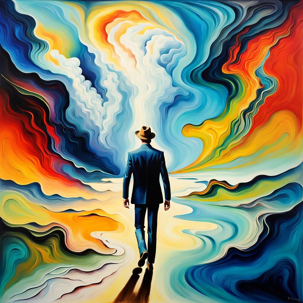 Surreal Figure Walking Into Abstract Space, Oil Painting