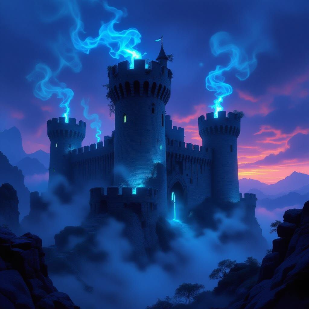 Ancient Castle in Bioluminescent Flora Twilight