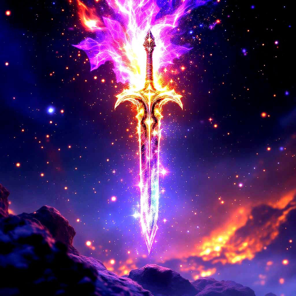 Ethereal Dark Fantasy Sword in Celestial Landscape