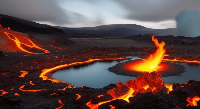 Ominous Volcanic Landscape with Lava Pools