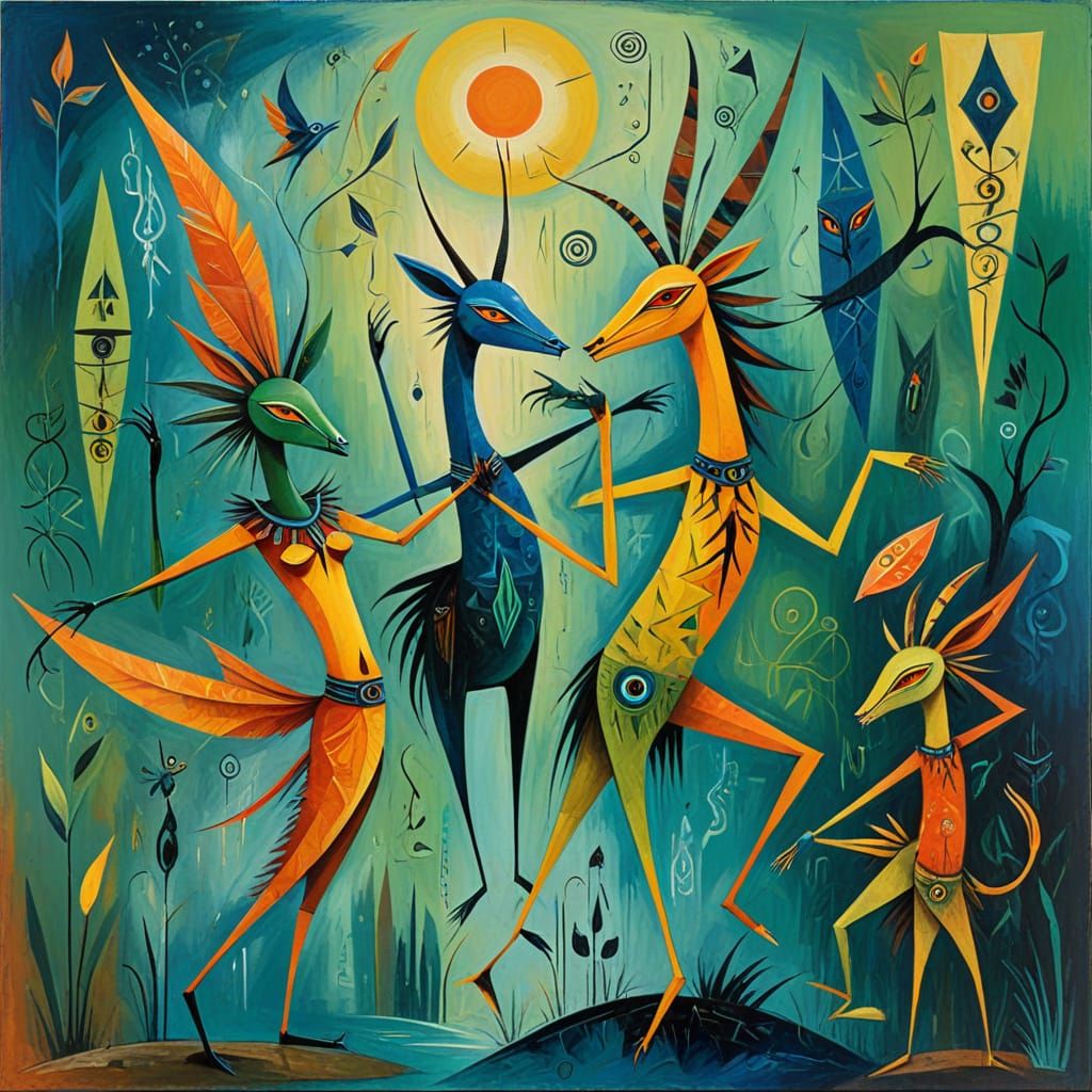 Vibrant Expressionist Animals in Ritualistic Harmony