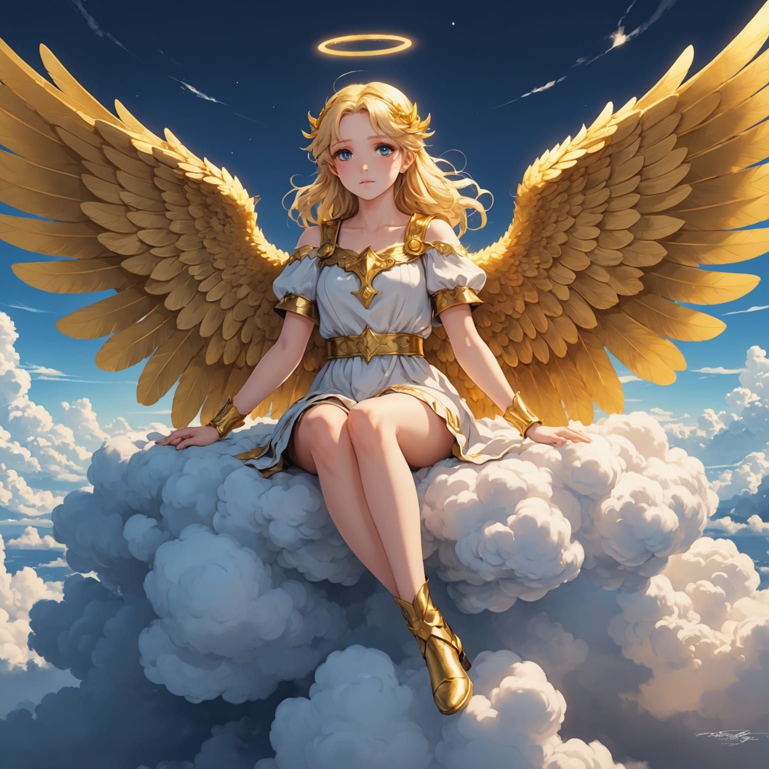Blonde Angel with Golden Wings in Anime Style