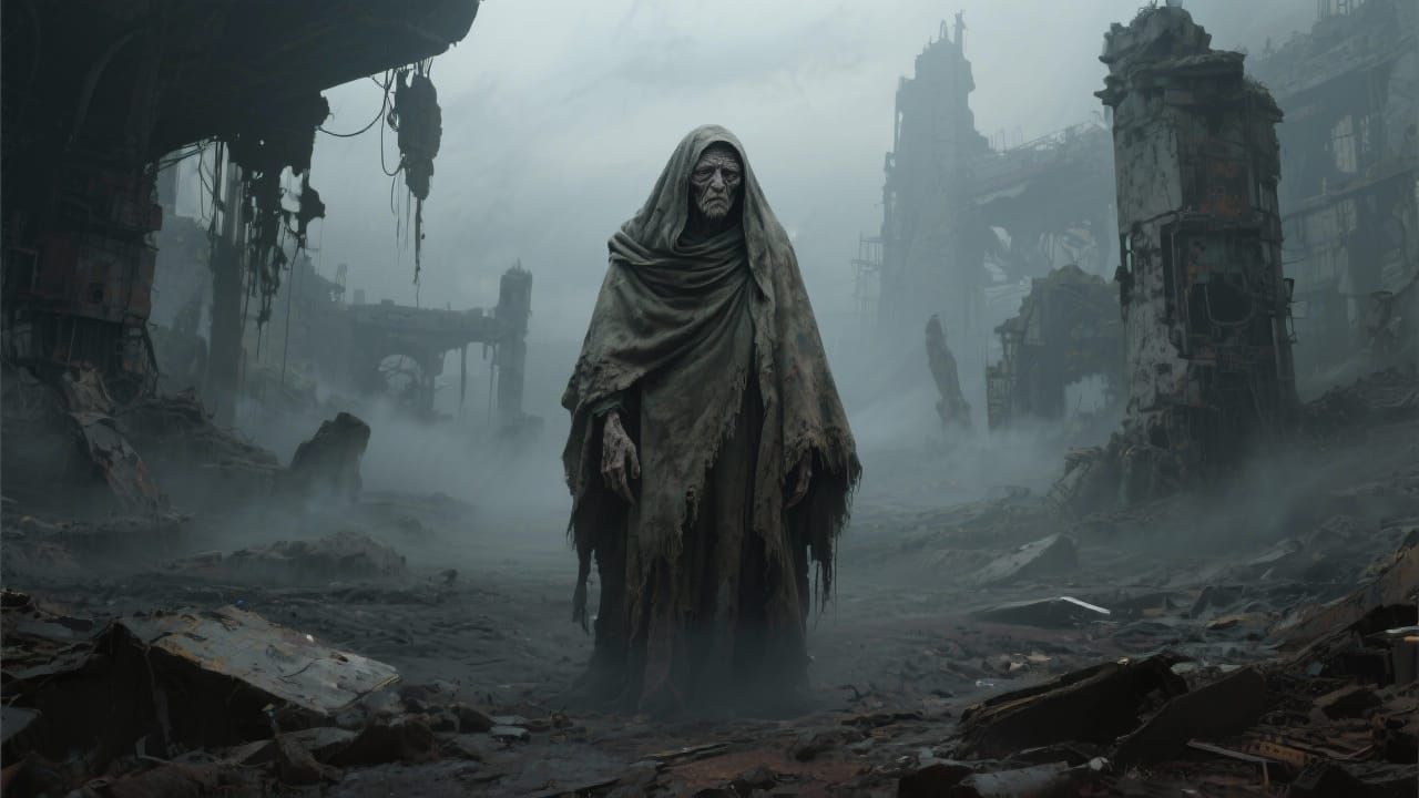 Cloaked Figure in Barren Dystopian Landscape