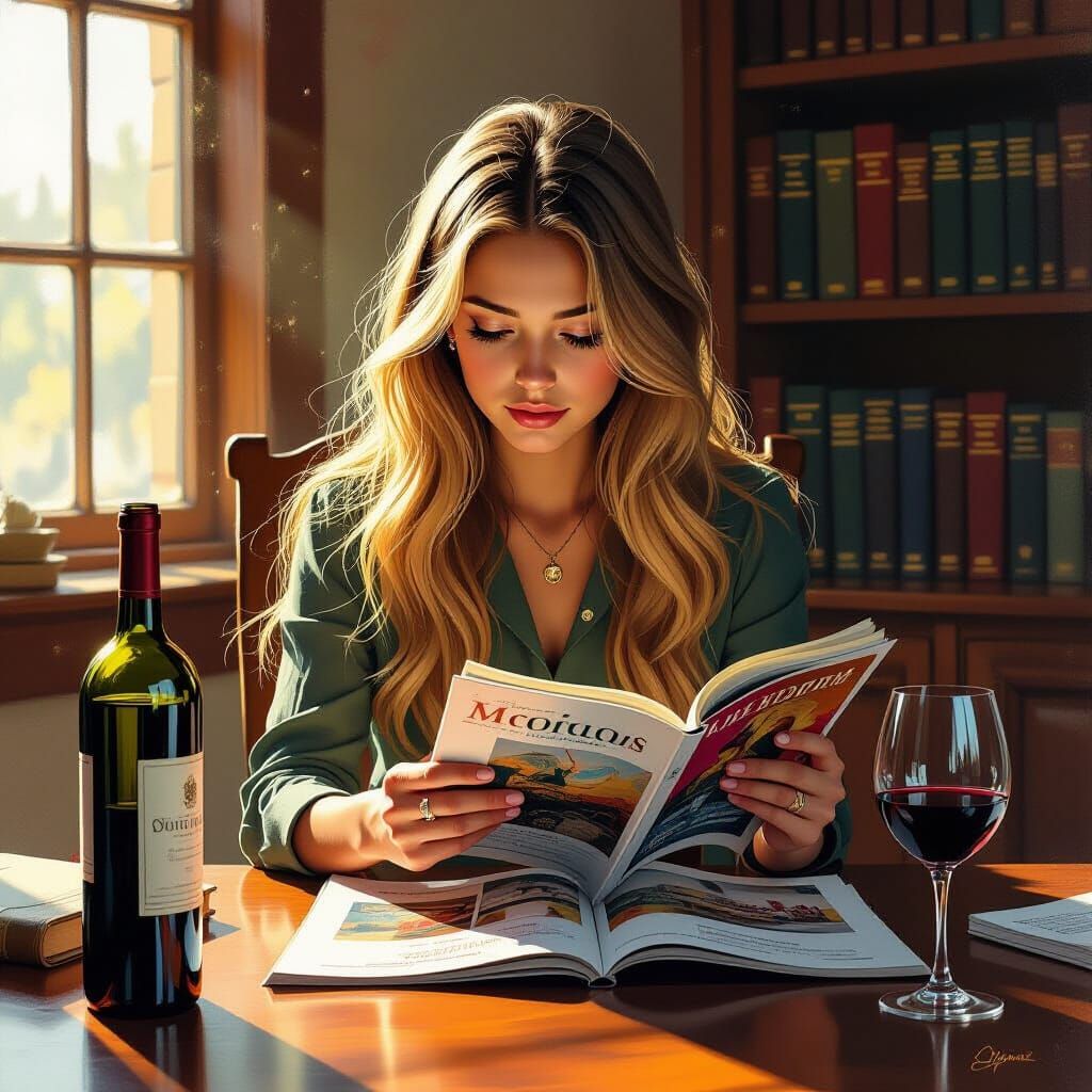 Fantasy Office Scene: Girl Reading Magazine with Wine
