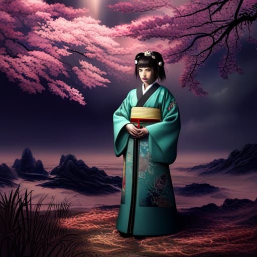 Japanese Priestess in Traditional Kimono