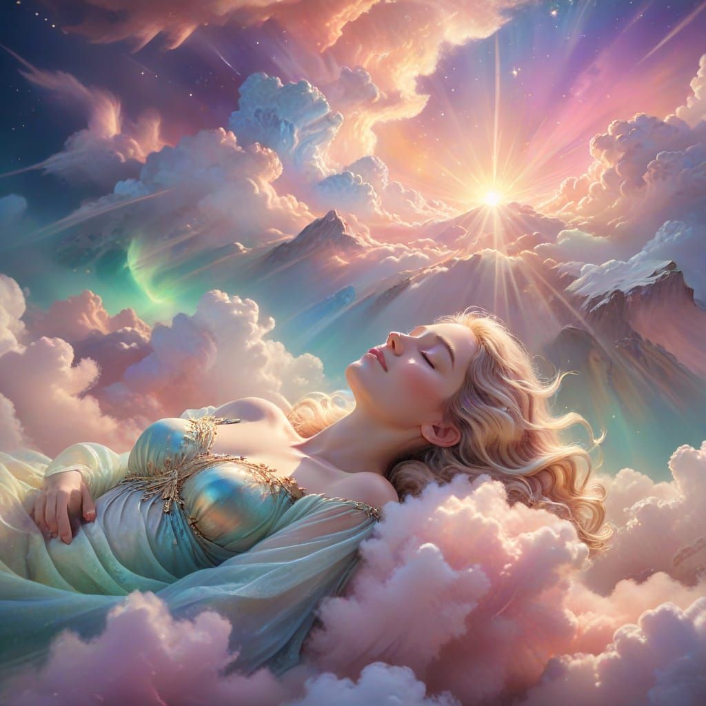 Celestial Goddess Sleeps in Aurora Sky: Impressionist Digita...