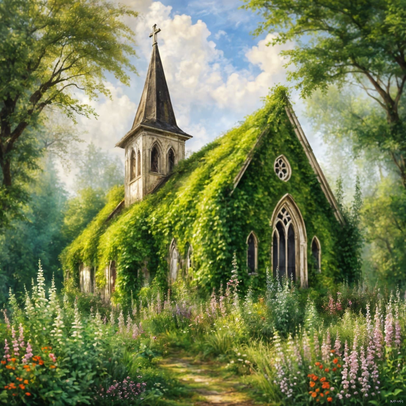 Abandoned Church Reclaimed by Nature in Impressionism