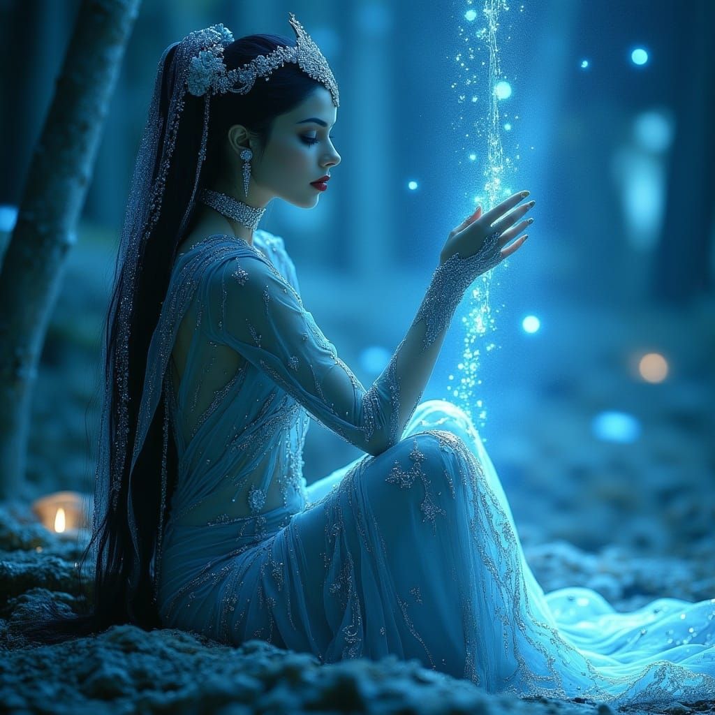 Ethereal Woman Surrounded by Lapis Lazuli Hues in a Mystical...