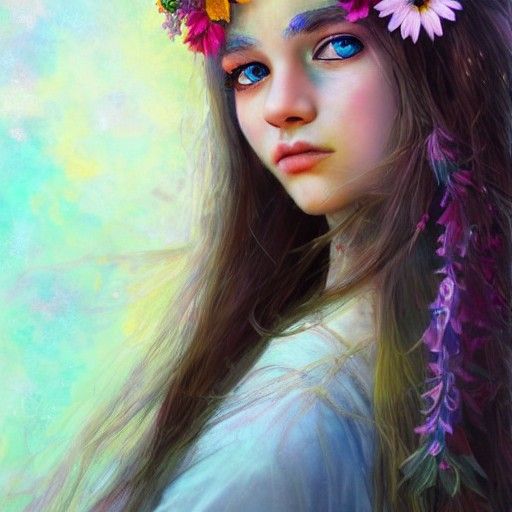 Hyperrealistic Portrait of a Hippie Girl with Flower