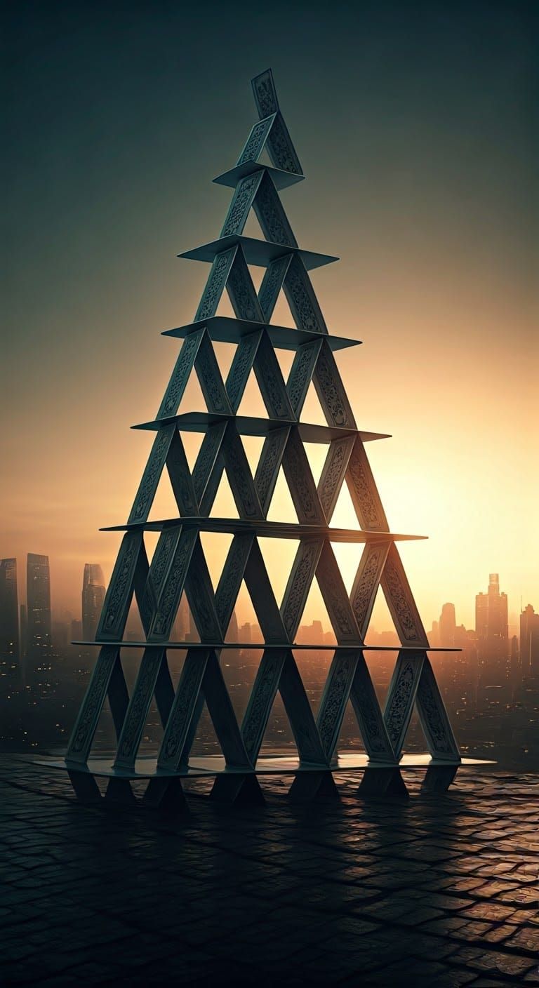 Neon Card Tower in Dystopian Cityscape