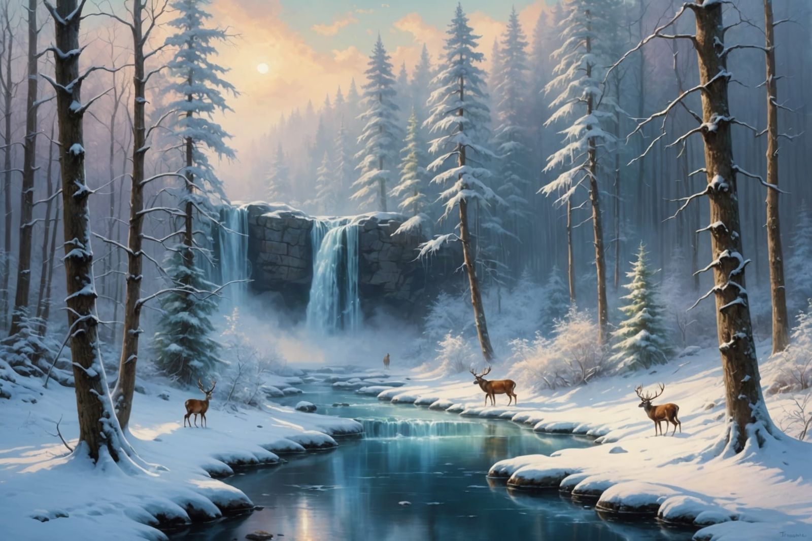 Iced Waterfall in Winter Forest with Deer Tracks