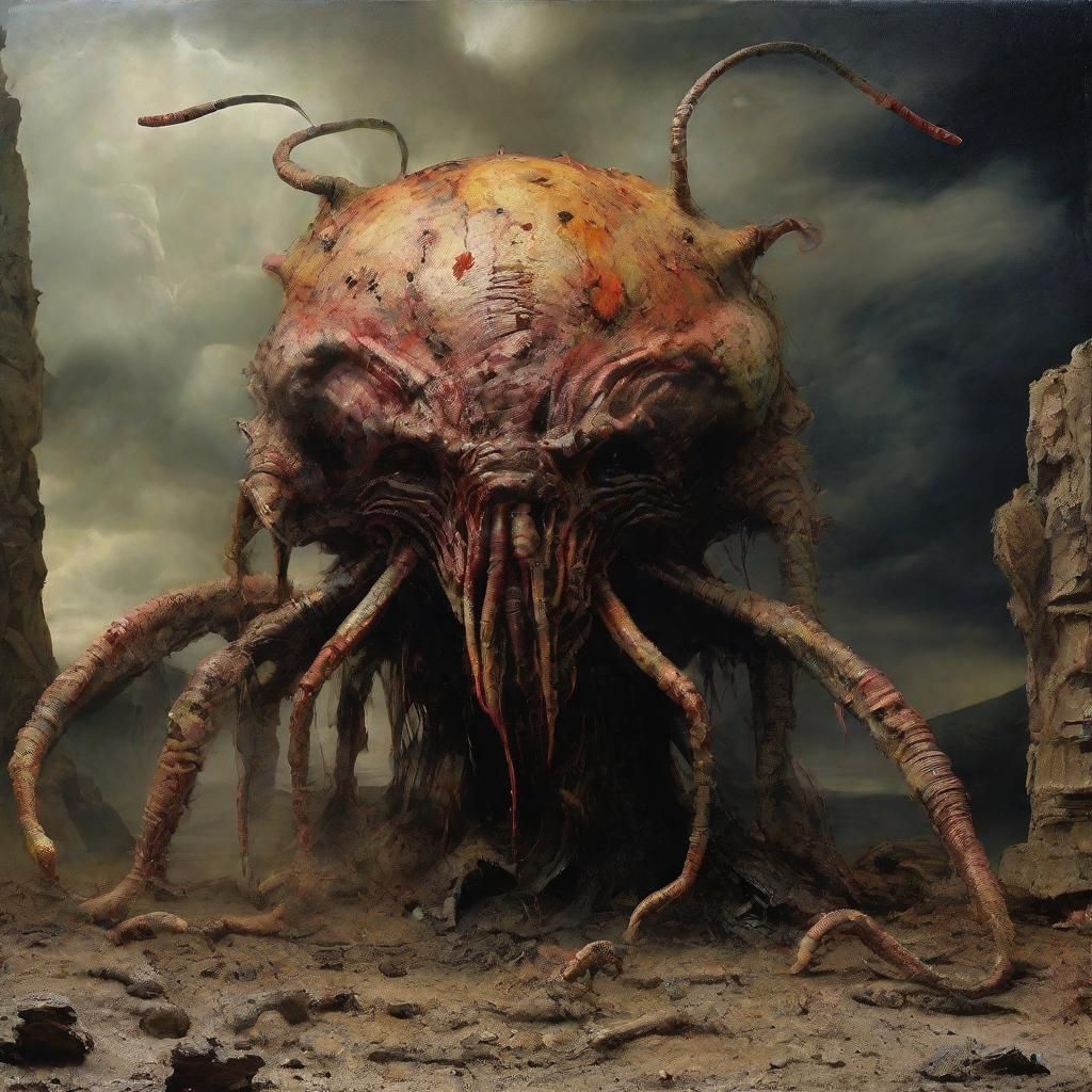 Grotesque Alien Creature Emerging from Ruined Landscape