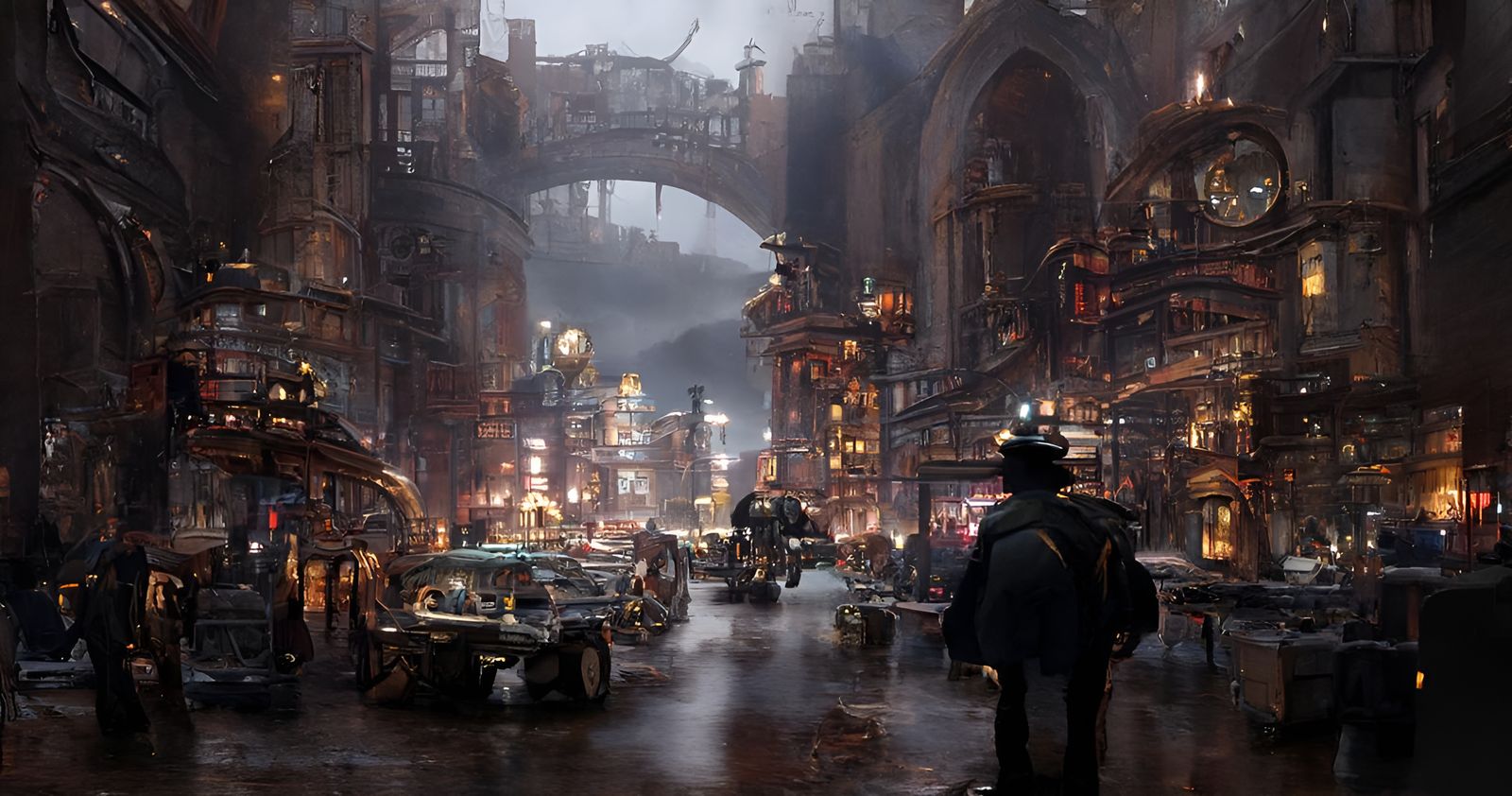 Noir Steampunk Cityscape with Volumetric Lighting