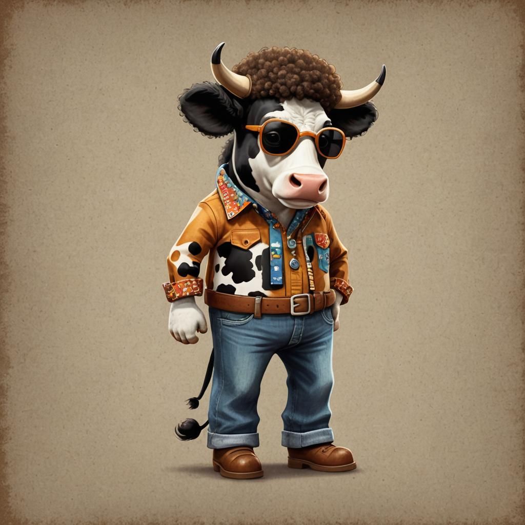 Cow in 1970s Fashion: Pixar-Style Illustration