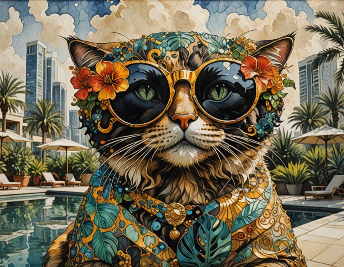 Anthropomorphic Cat Lounging Poolside in Dubai