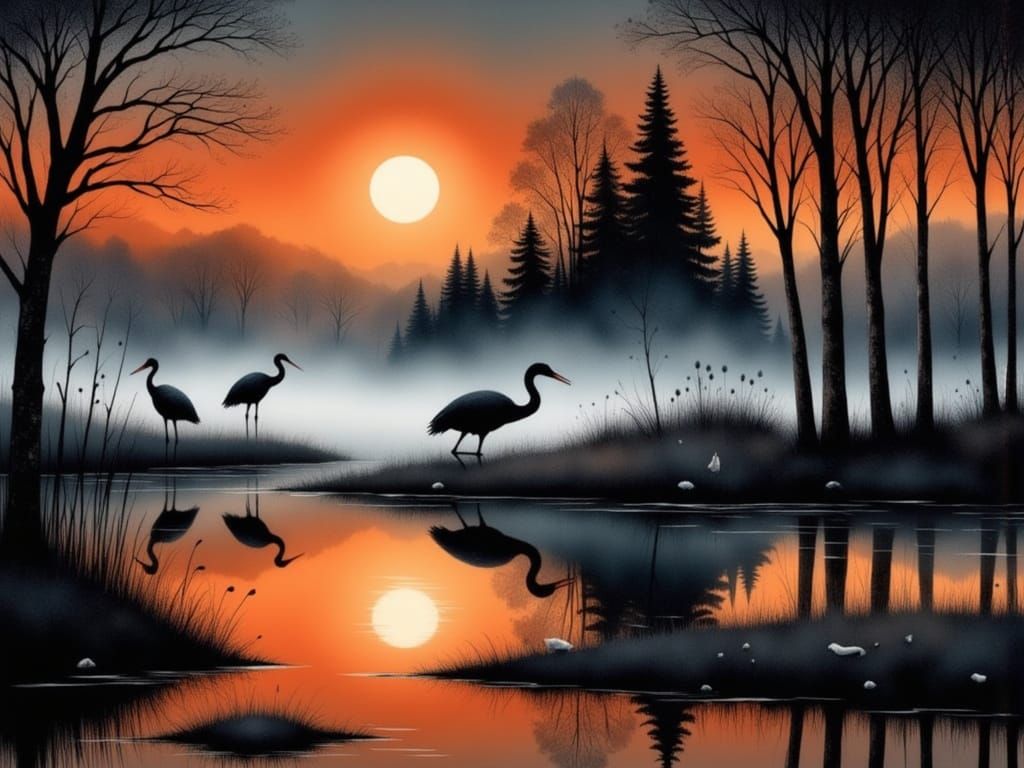 Cranes in Soft Evening Light, Set in a Serene Charcoal Lands...