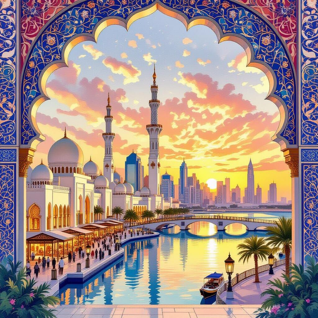 Abu Dhabi Sunset: Whimsical Watercolor with Ornate Details