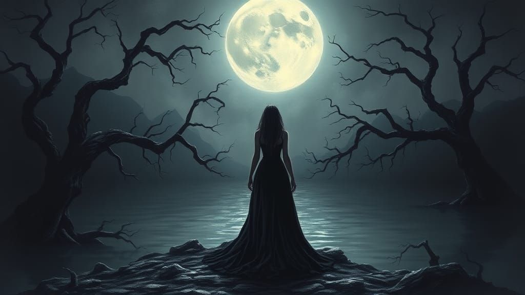 Moonlit Woman at Lake in Macabre Style