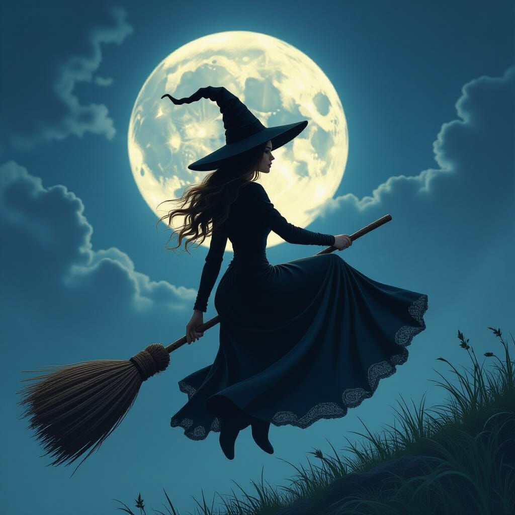 Enchanting Witch Flying on Broomstick in Digital Painting St...