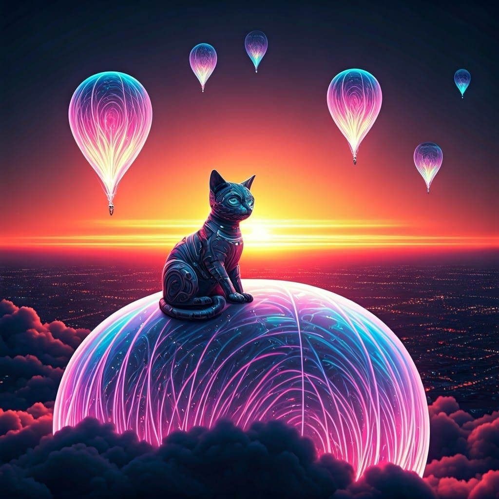 cat and balloons float gracefully in the sky.