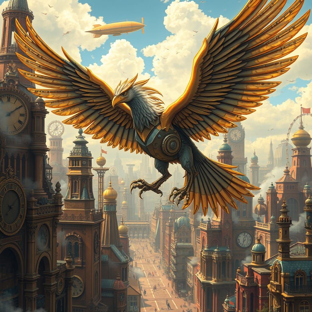 Steampunk Griffin Soaring Through Clockwork Metropolis