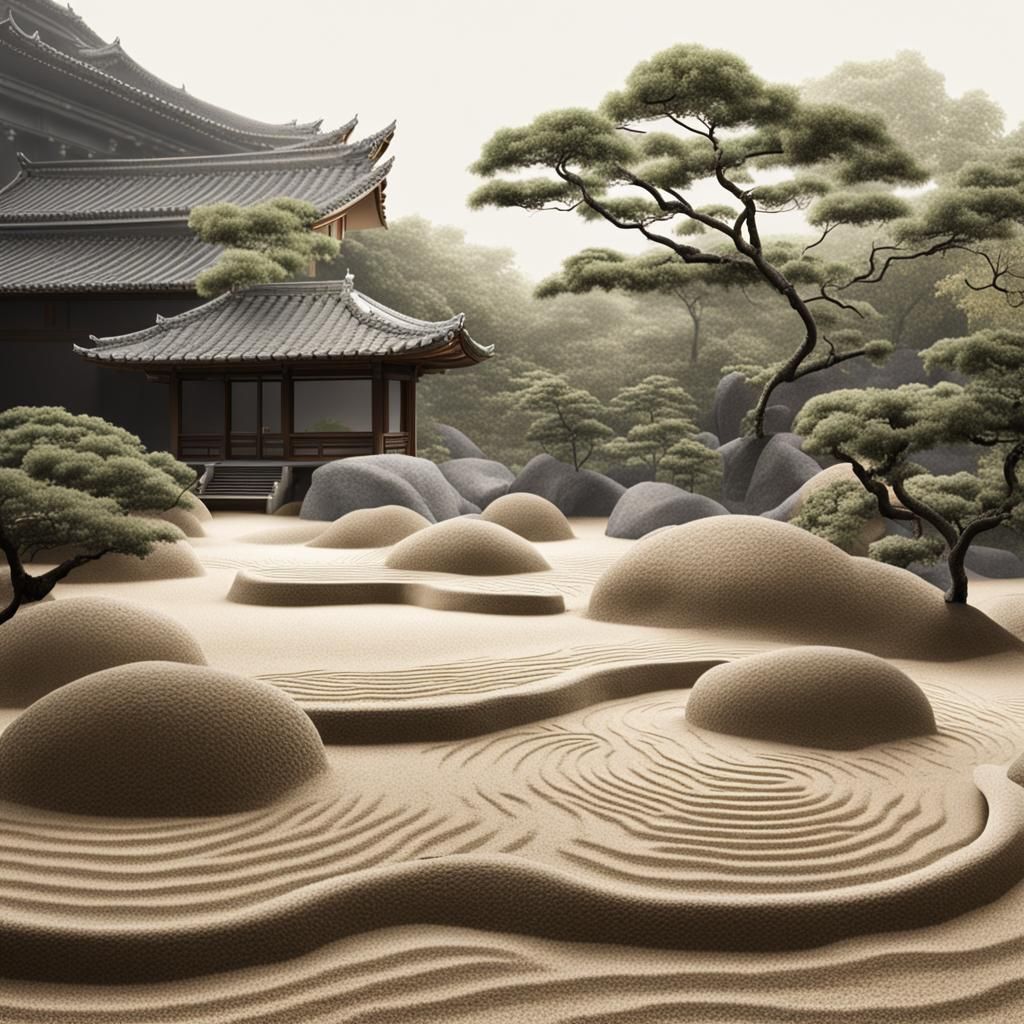 Serene Zen Garden with Raking Zen Master