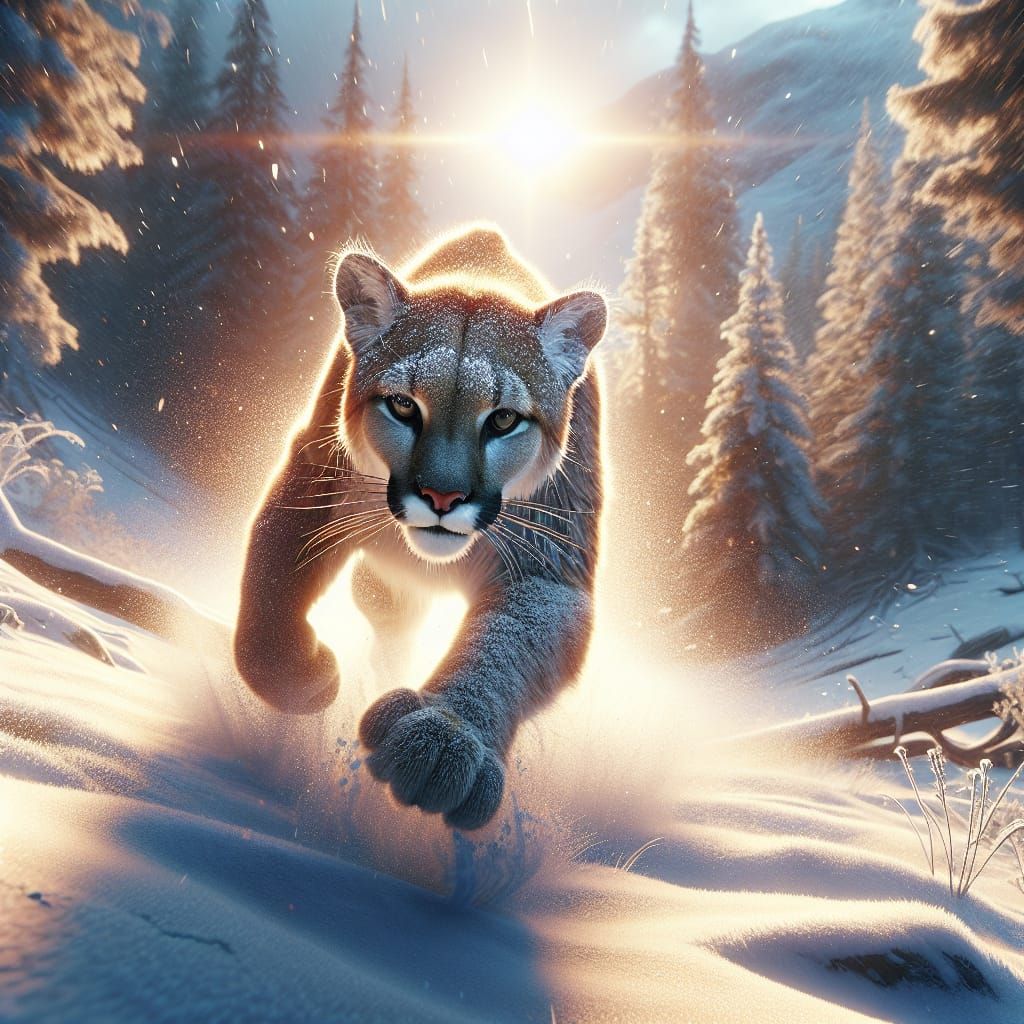 Dynamic Puma Portrait in Winter Habitat