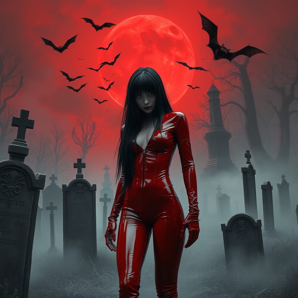 Gothic Vampire Goddess in Dark Cyberpunk Cemetery