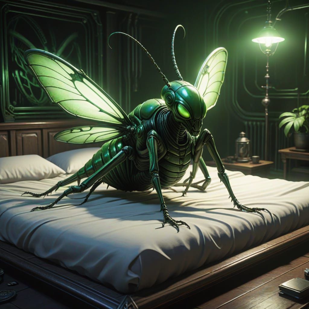 Alien Insect with Pregnant Belly on Bed in Gothic Bikini