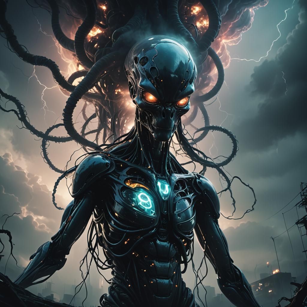 Eerie Dystopian Alien Entity in Electric Cloud