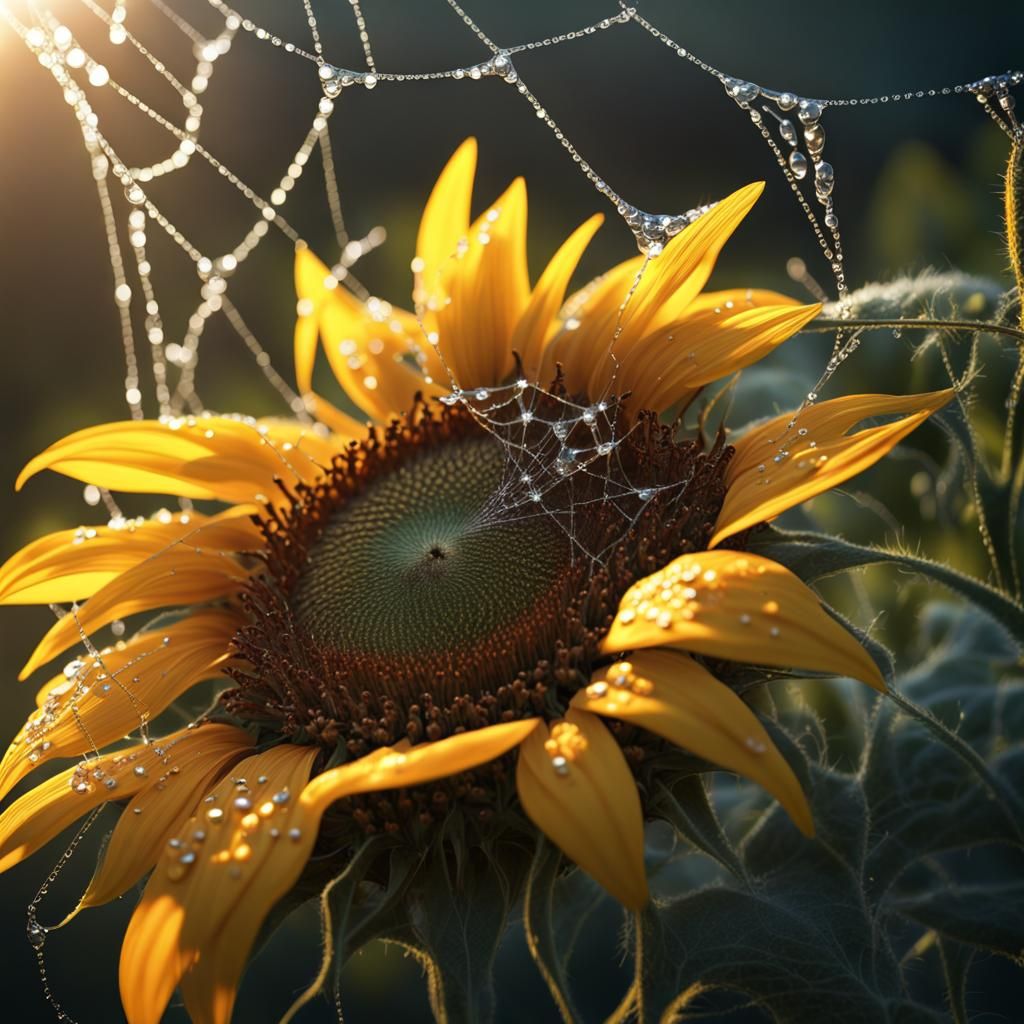 Sunflower with Dew-Kissed Web: Detailed Matte Painting