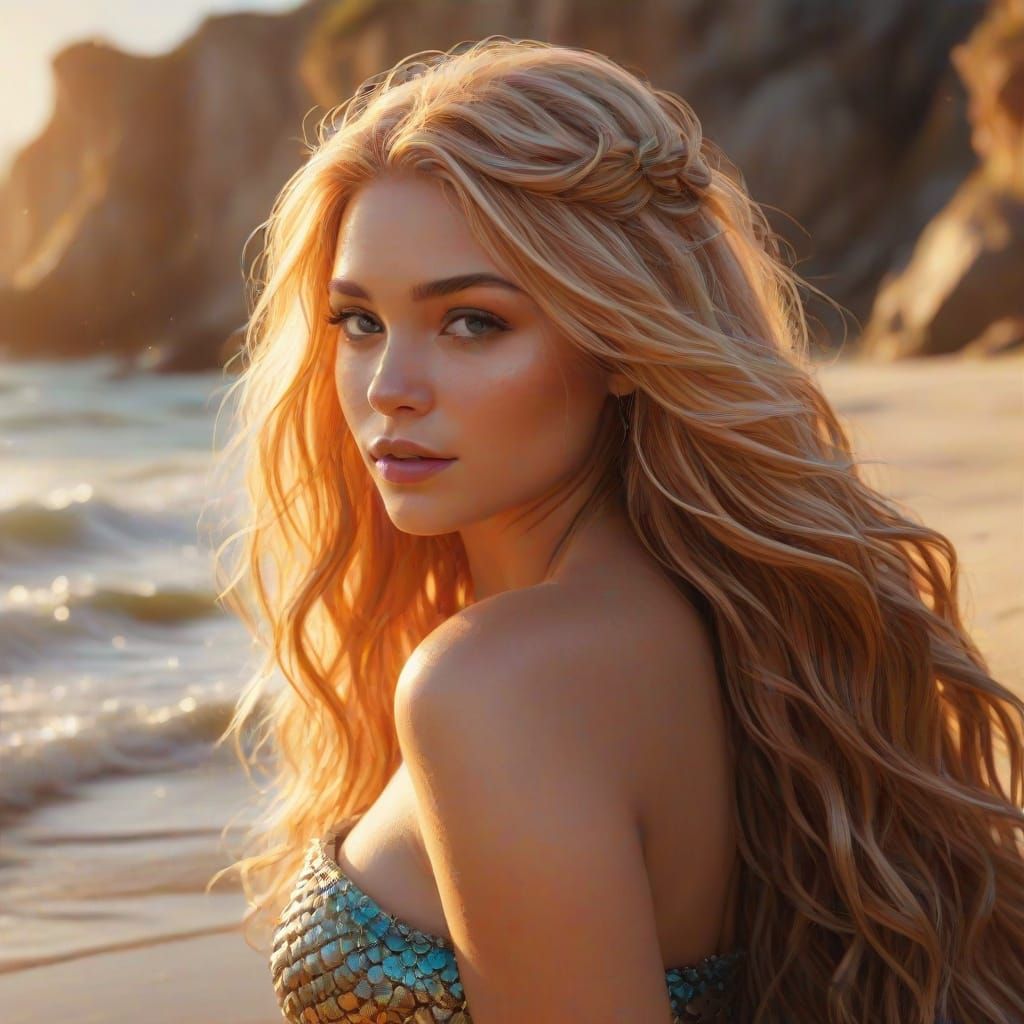 Mermaid on Sandy Beach in Dreamy Oil Painting