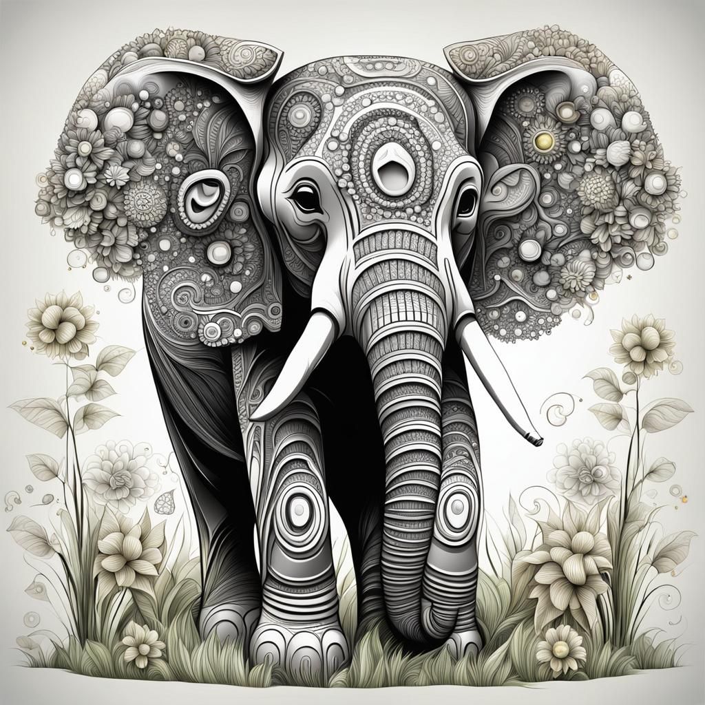 Baby Elephant with Flowers and Gems in Vector Art