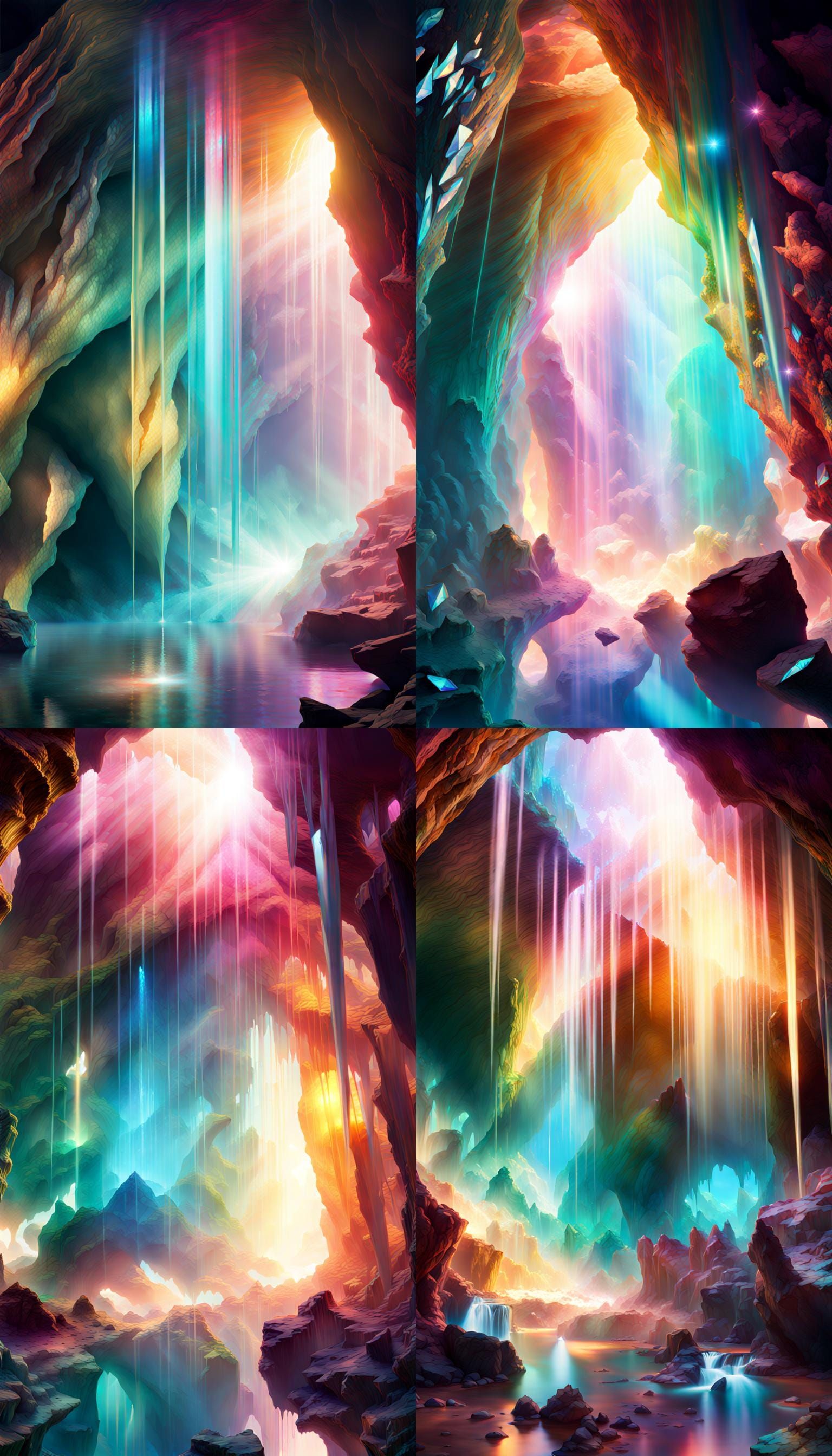 Iridescent Crystal Cave with Prisms and Light