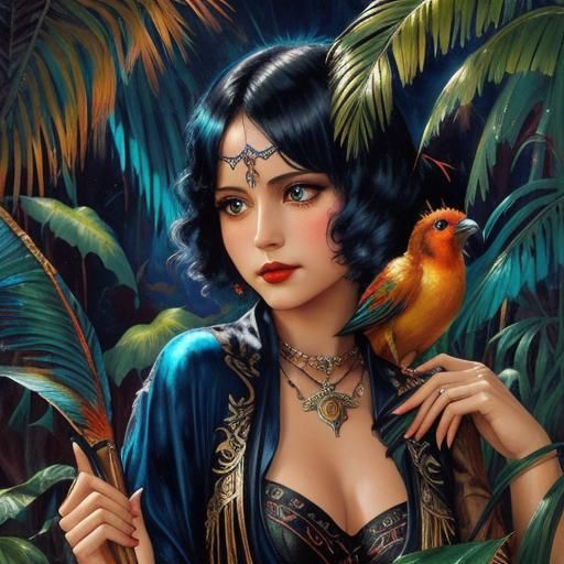 Tropical Bird Paradise in Noir Watercolour Style