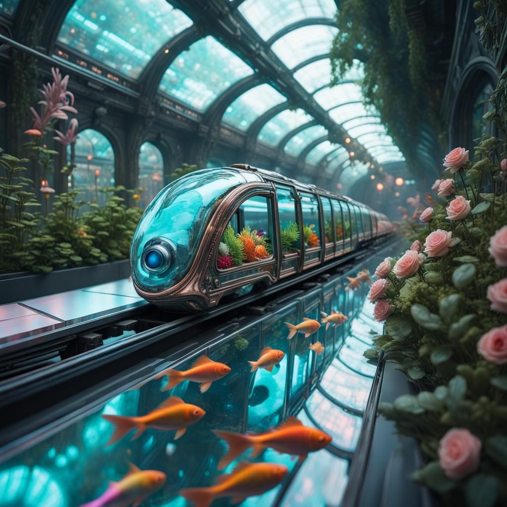 Cyberpunk Glass Train Aquarium in Grungy Subway