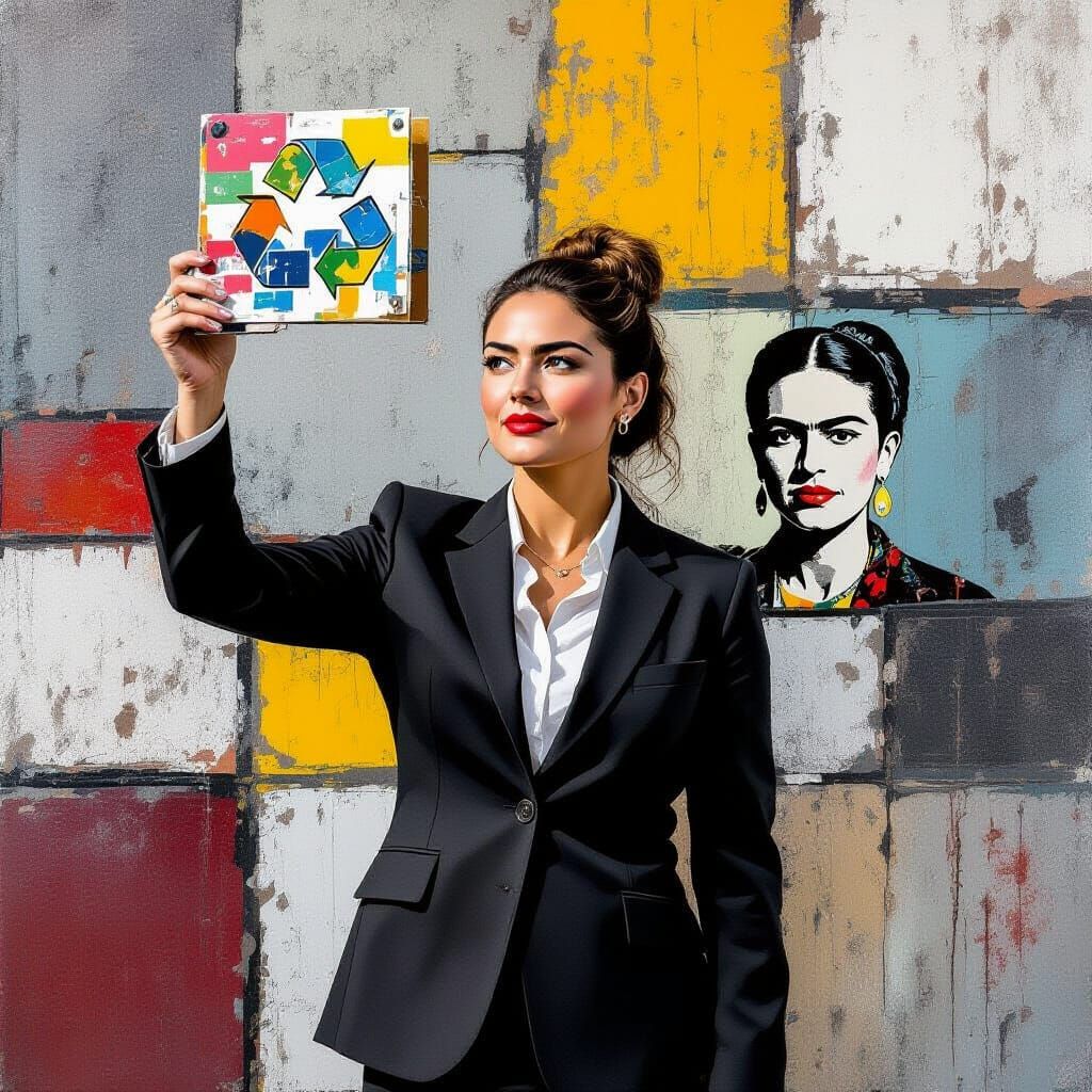 Woman Holds Repaired Item Amidst Recyclables, Banksy Style