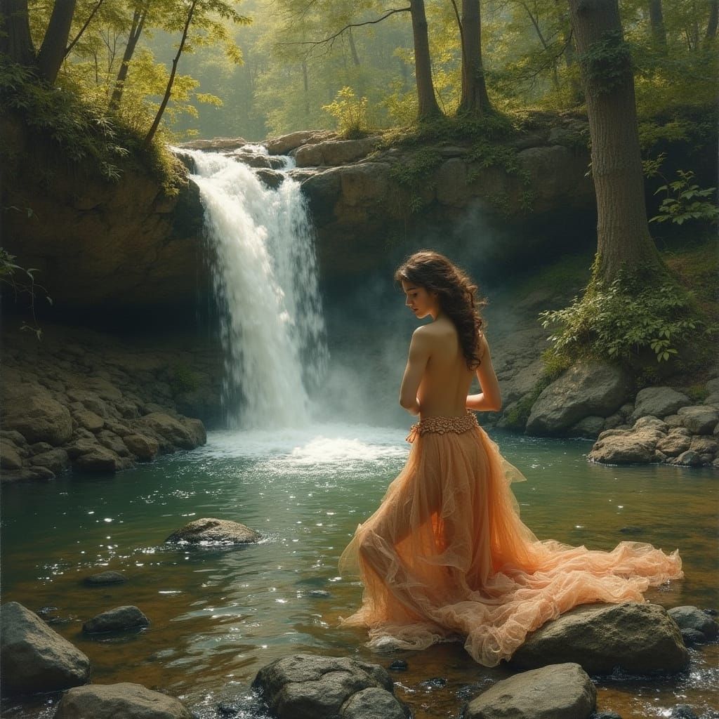 Enchanting Forest Scene Beneath a Waterfall