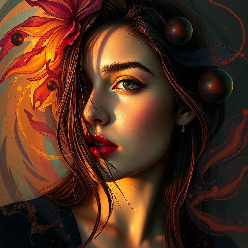 Enigmatic Woman in Hyperrealistic Portrait with Mystical Bac...