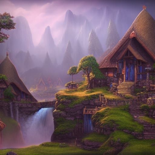Elven Village Near Waterfall: Fantasy Concept Art