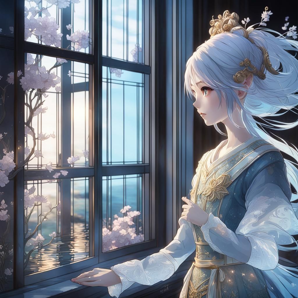 Graceful Glass Woman on Lake Shore in 3D Anime Style