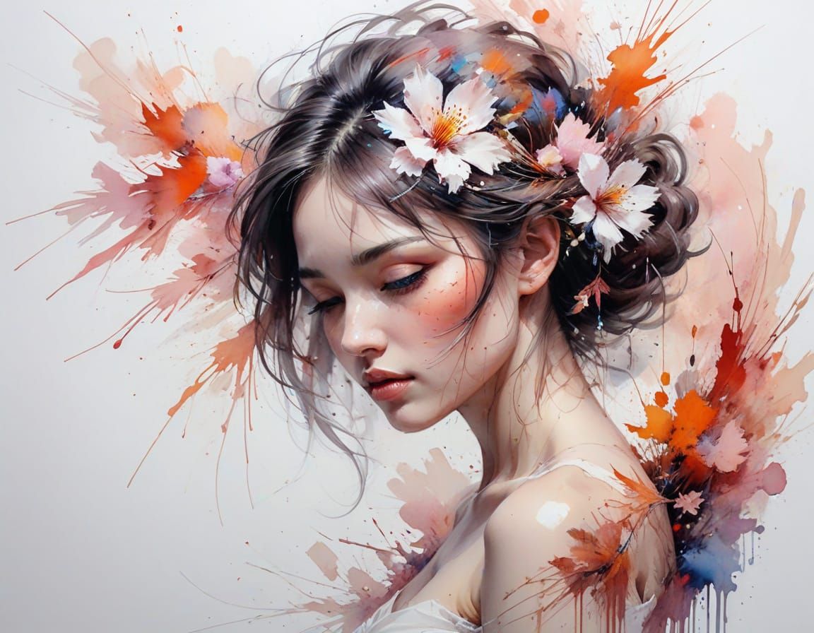 Abstract Blossom Tree Sunset with Bird in Japanese Style