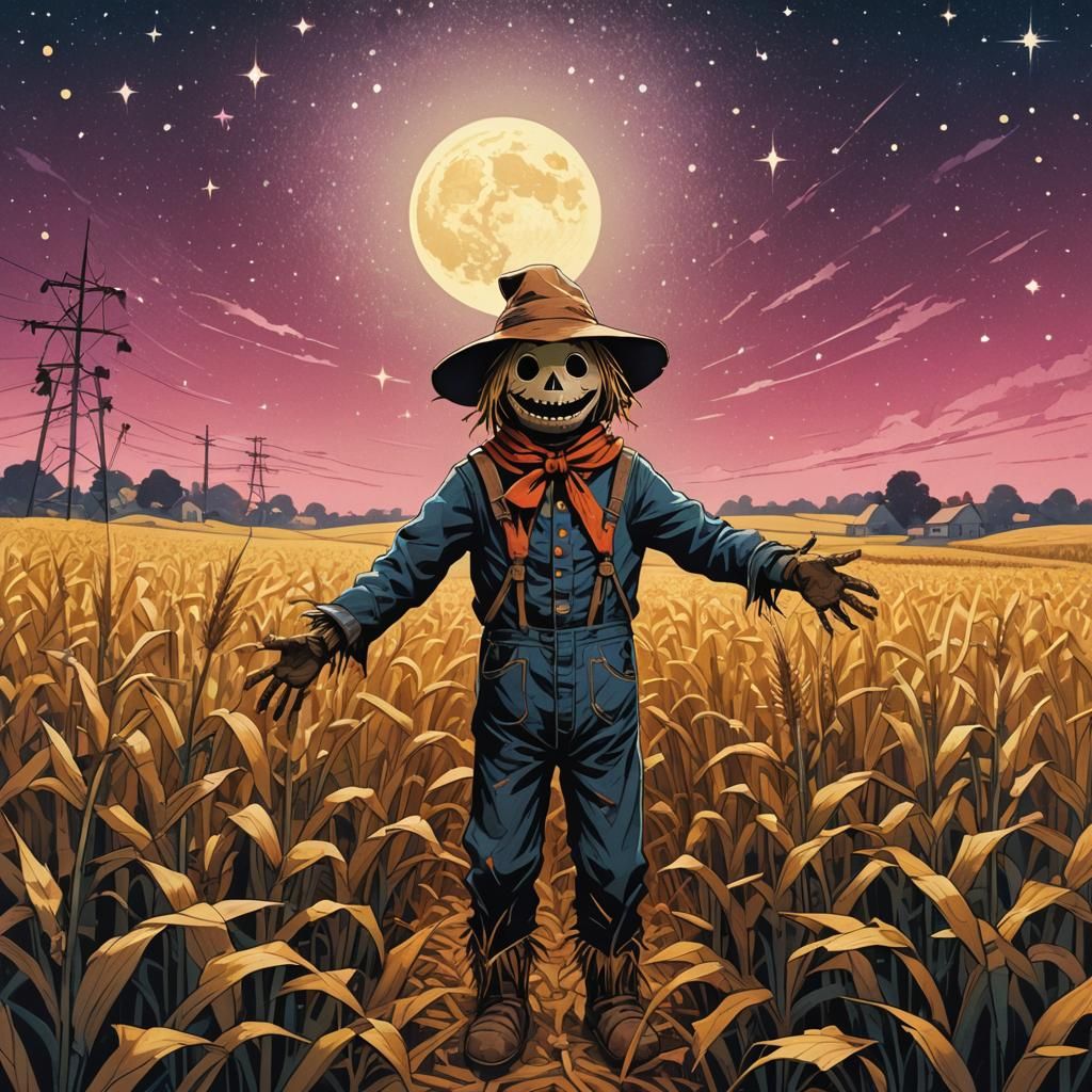 Cute Scarecrow in Cornfield: Disney Synthwave Style