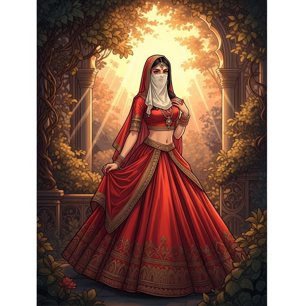 Hindu Woman in Red Lehenga and Ball Gown in Golden Garden