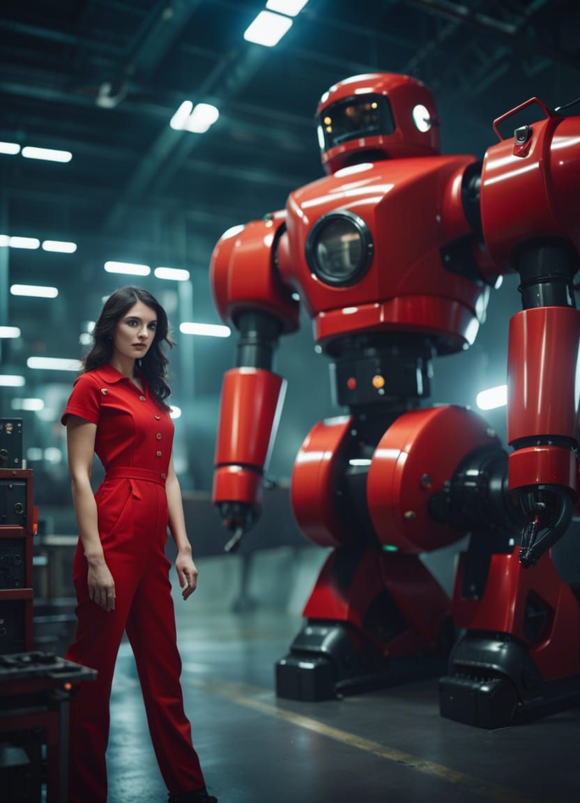 Giant Red Robot and Brunette in Futuristic Factory