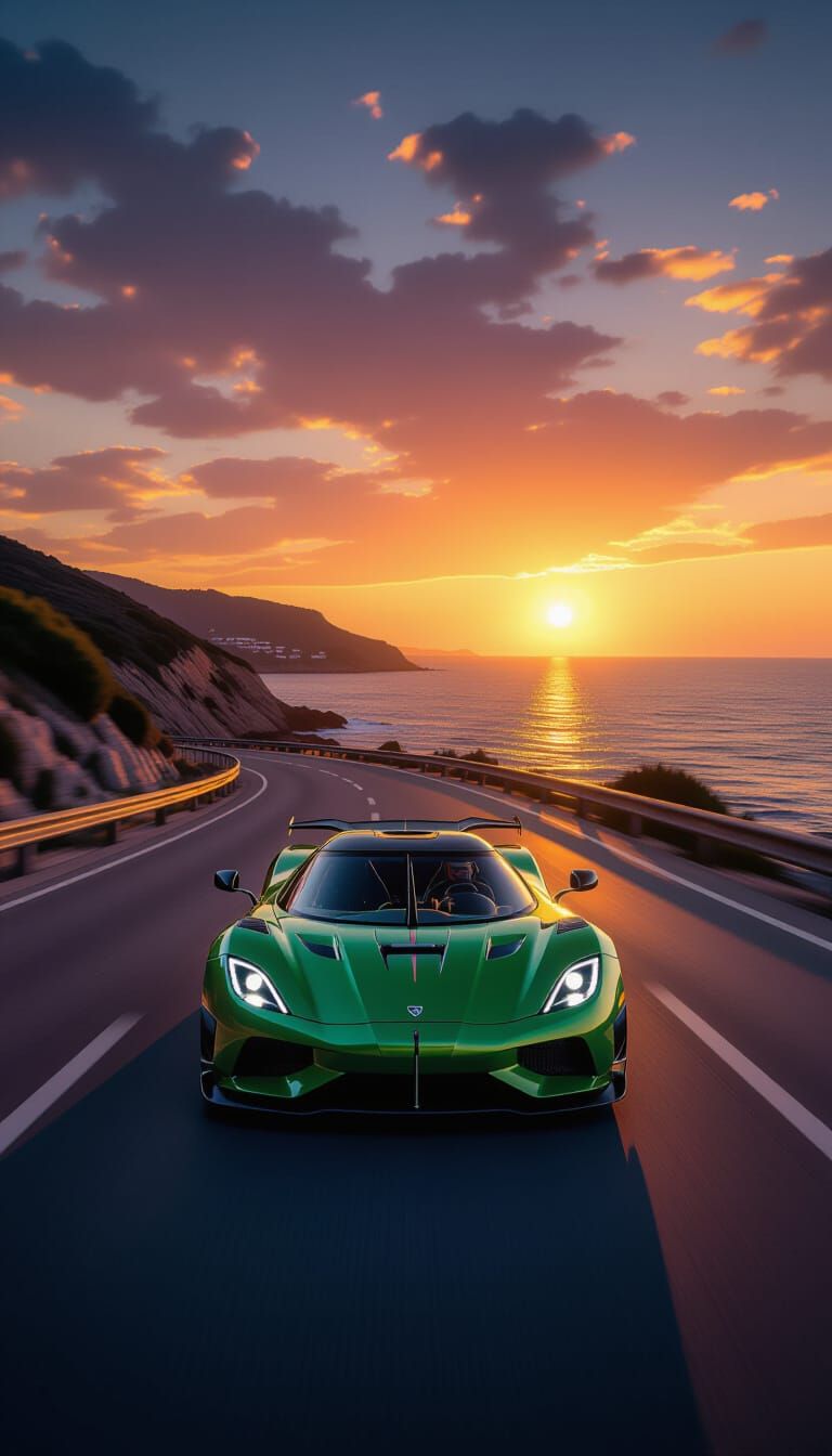 Acid Green Koenigsegg Jesko at Sunset in Neo-Impressionism