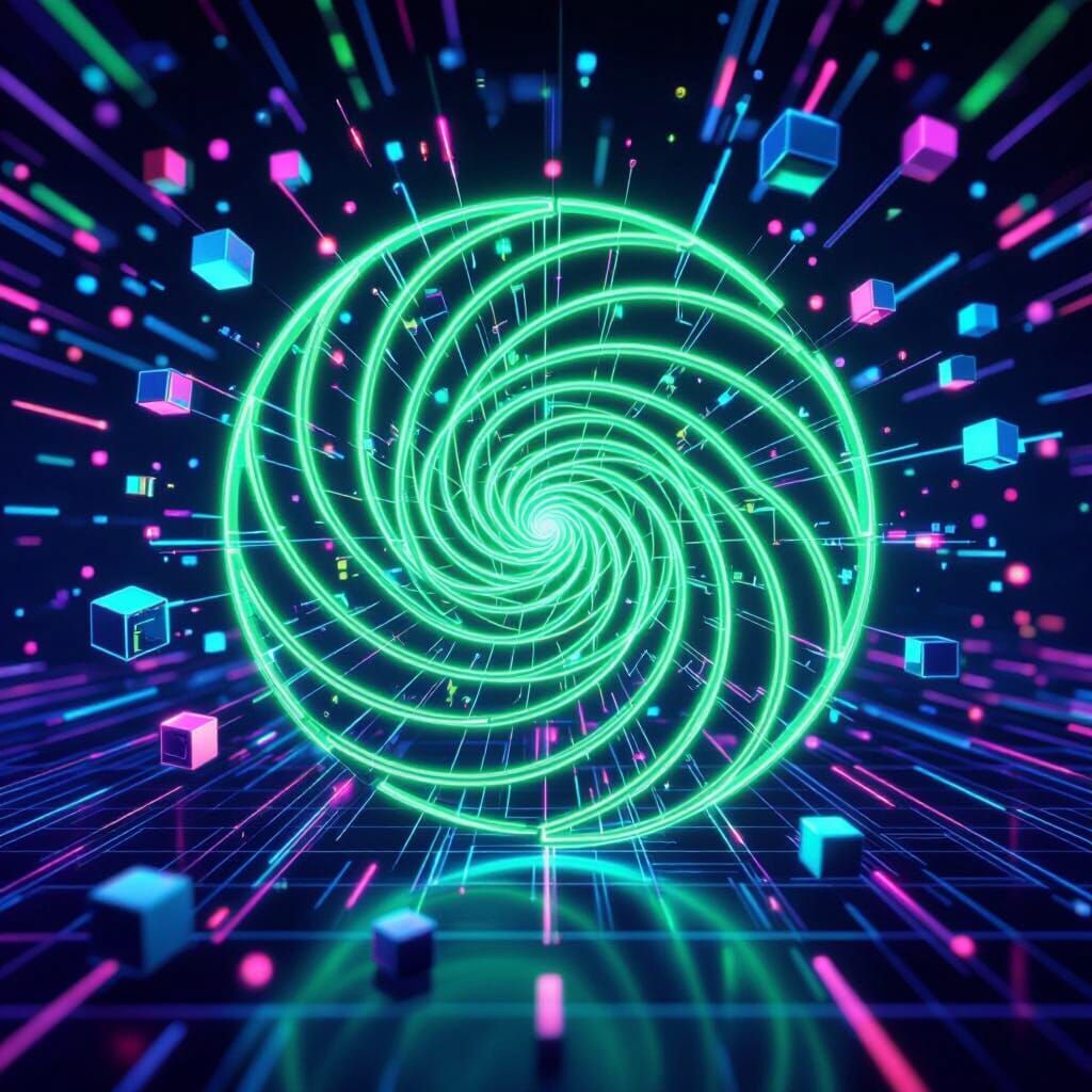 Neon Data Spiral with Glowing Nodes and Filaments