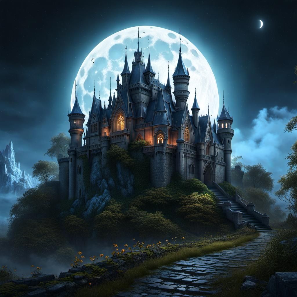 Eerie Gothic Castle Under Full Moon