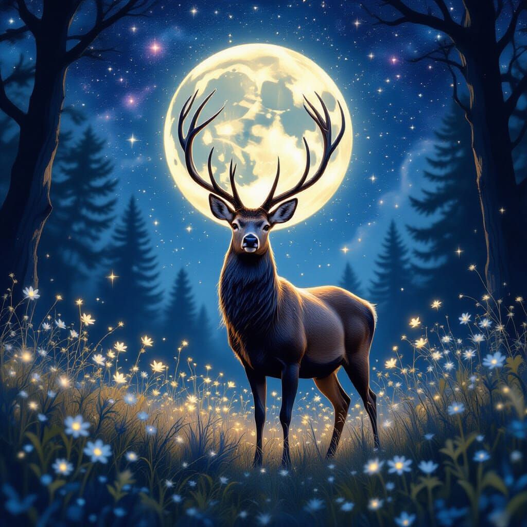 Celestial Deer in Moonlit Forest: Digital Art
