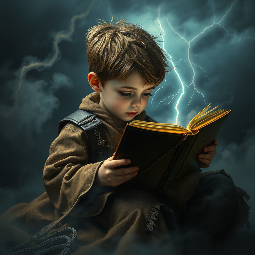 Boy Reading Book in Stormy Landscape